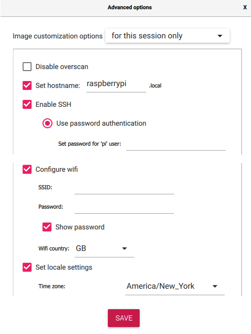 Advanced Options for Raspberry Pi Imager Advanced Options